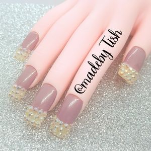 French Tip Rhinestone Long Square Press On Nails